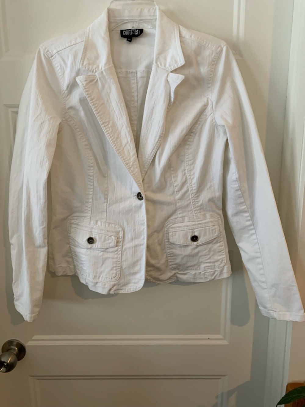 Contrast jeans , White Women's Single-Button jean  Blazer Jacket